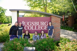 2001 grads back on campus. (L-R) Erica Huls, Emily Waldon, Merry-Ellen Krcil Bryers, Stacy (Waterman) Newton, Laura Waldon, Sara Thedinga.